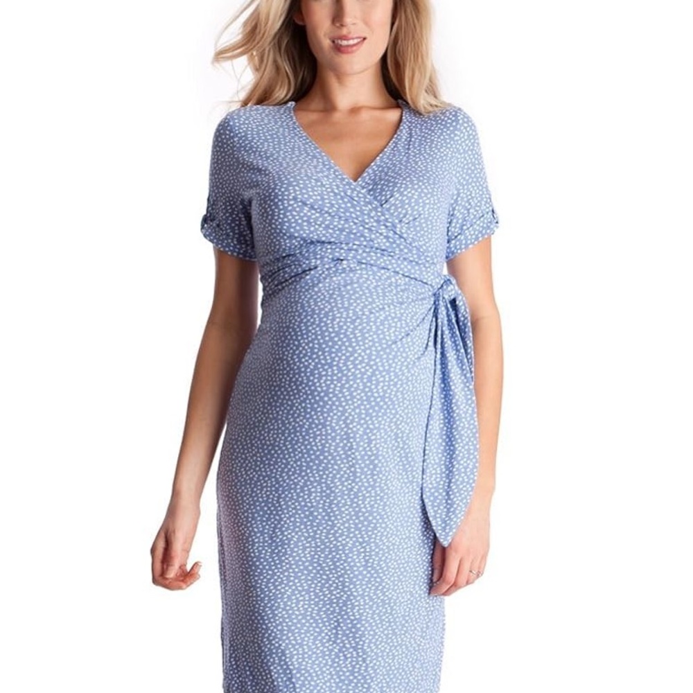 Seraphine Maternity Nursing Sleeveless Light Blue Polka Dot Midi Dress